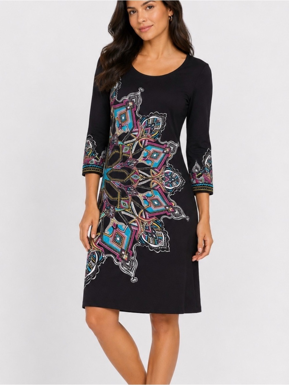 London Times Black Geometric Print A-Line Dress slinky stretch A-Line SZ 10